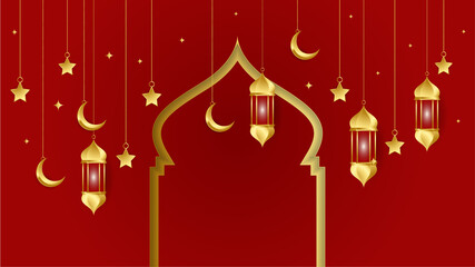 golden lantern arabic red gold Islamic design background. Universal ramadan kareem banner background with lantern, moon, islamic pattern, mosque and abstract luxury islamic elements