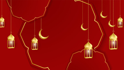 golden lantern arabic red gold Islamic design background. Universal ramadan kareem banner background with lantern, moon, islamic pattern, mosque and abstract luxury islamic elements