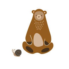 Cute cartoon bear on a white background with a snail