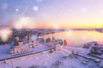 ferapontovo winter monastery landscape, top view christmas religion architecture background