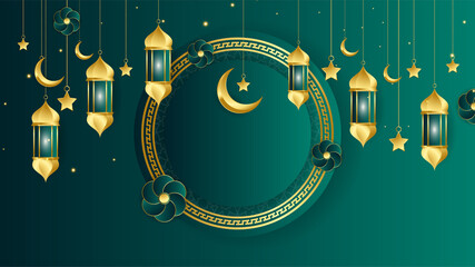 golden lantern arabic green Islamic design background. Universal ramadan kareem banner background with lantern, moon, islamic pattern, mosque and abstract luxury islamic elements