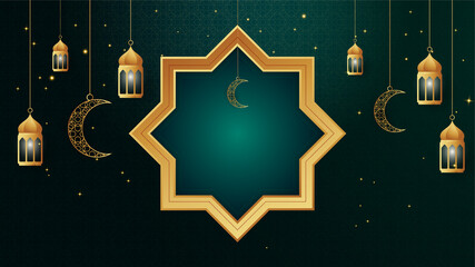 Fototapeta premium golden lantern arabic green Islamic design background. Universal ramadan kareem banner background with lantern, moon, islamic pattern, mosque and abstract luxury islamic elements