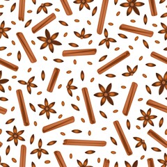 Condiments and spices. Seamless pattern.Stars and star anise seeds, cinnamon sticks.