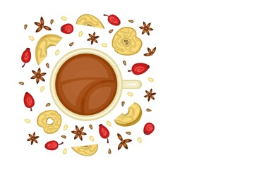 Food and drinks. Sample. A cup of tea with dried apple slices, anise stars and rose hips.