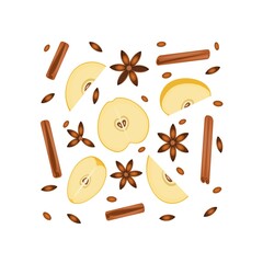 Fototapeta na wymiar Food and drinks. Product set. Cinnamon sticks, star anise and fresh apple slices.