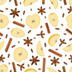 Food and drinks. Seamless pattern.Star anise, cinnamon sticks and apple slices.