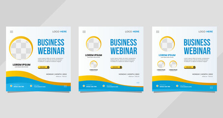 Set of social media template with circle frame and wave background, suitable for business webinar, marketing webinar, and other online seminars