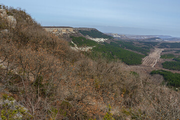 View of valley from mountain plateau Burunchak near cavetown Chufut-Kale. Bakhchysarai, Crimea