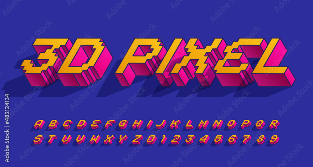 Poster 3D Pixel alphabet font. Digital letters and numbers with shadow. 80s arcade video game typescript.