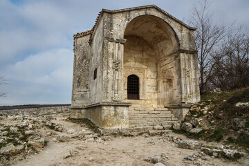 Fototapeta na wymiar Mausoleum of Dzhanike-Khanym in cave city Chufut-Kale in Bakhchysarai, Crimea