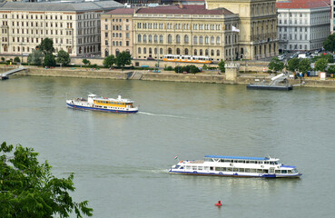 Tourist boats on the river Danube at Budapest city, Hungary