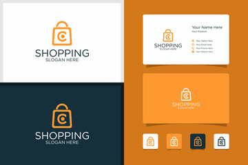 shopping bag design logo/ initials c and business card design template. premium vector