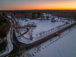 aerial view of house and road in dusk twilight