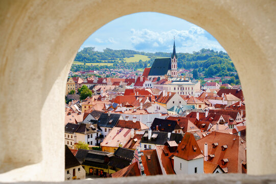 Beautiful view to church and castle in Cesky Krumlov, Czech republic. Panorama of UNESCO World Heritage Site city.