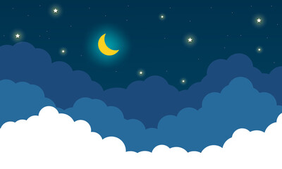 night sky with stars and moon. paper art style. Dreamy background with moon stars and clouds, abstract fantasy background. Half moon, stars and clouds on the dark night sky background.