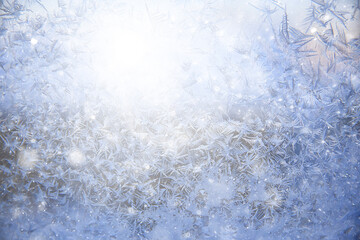 frost patterns on window glass, abstract background winter rime snow