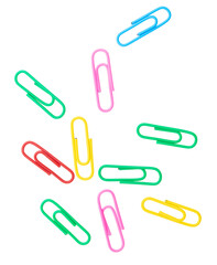 Multi-colored paper clips isolated on a white