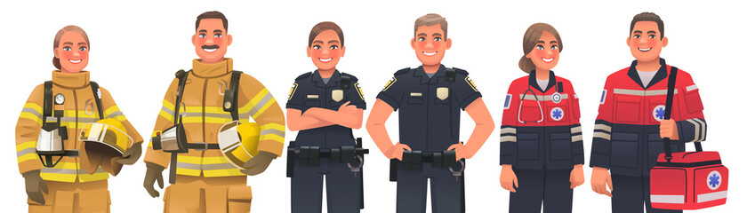 Emergency workers. Men and women firefighters, police officers and ambulance paramedics. Vector illustration - 482127779