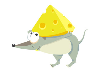 Cute mouse with a piece of cheese. Food. Milk product. Vector illustration