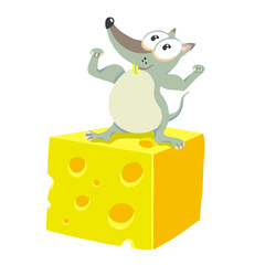 Strong mouse on a piece of cheese. Strongman athlete. Body-building. Vector illustration