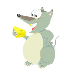 Cute mouse with a piece of cheese. Food. Milk product. Vector illustration