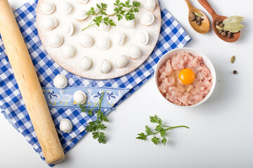 Homemade meat pelmeni. Raw dumplings on a wooden board with flour. Baner, place for an inscription