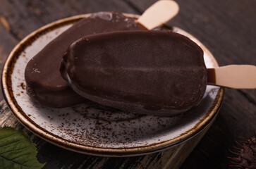 Composition with chocolate chestnut  ice cream on a stick