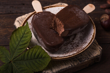Composition with chocolate chestnut  ice cream on a stick