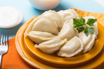 Dumplings (vareniki, pierogi, pyrohy) with potatoes in ceramic bowl on white