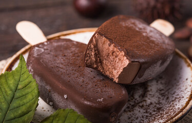 Composition with chocolate chestnut  ice cream on a stick