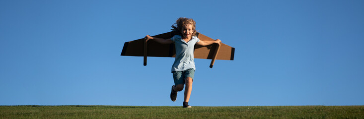 Banner with spring kids portrait. Kid traveller with backpack wings. Child playing pilot aviator...