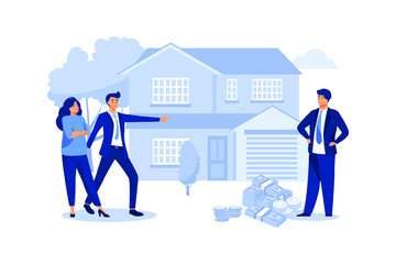Fototapeta premium Bank clerk offering 0% interest rate for family partner, Refinance, home loan, illustration.