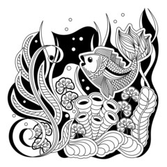 Under water. Marine vector motif . Doodle of the underwater world