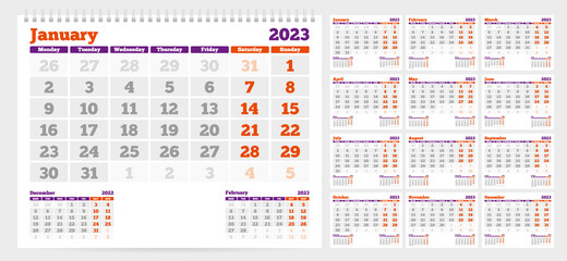 Calendar 2023. Week Starts on Monday. Set of 12 Months. Vector Illustration