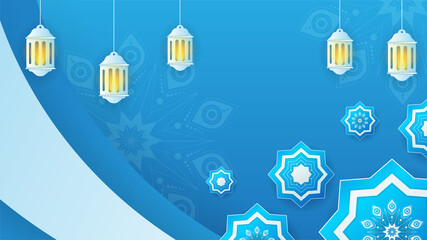 Realistic mandala blue Islamic design background. Universal ramadan kareem banner background with lantern, moon, islamic pattern, mosque and abstract luxury islamic elements