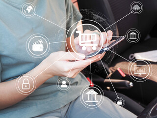 Young women using Omni technology for shopping, online marketing, social media, internet payment platform services. in online shopping