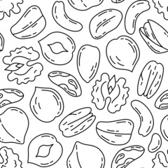 Nut bundle pattern. Doodle vector food sketch set. Walnut, hazelnut, almond and macadamia. Peanut, cashew and cola nut, pistachios, brazil nut and pecan