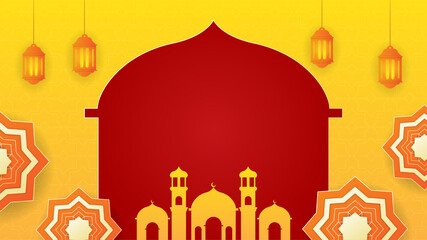 Realistic mandala red yellow Islamic design background. Universal ramadan kareem banner background with lantern, moon, islamic pattern, mosque and abstract luxury islamic elements