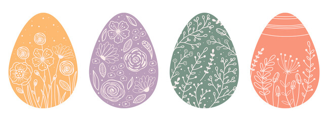 Set silhouettes Easter eggs with spring flowers, leafs and branch. Illustration colorful and minimalistic Easter eggs. Vector