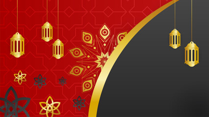Elegant mandala red gold Islamic design background. Universal ramadan kareem banner background with lantern, moon, islamic pattern, mosque and abstract luxury islamic elements