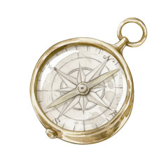 Fototapeta na wymiar Watercolor illustration of vintage gold compass isolated on white background.