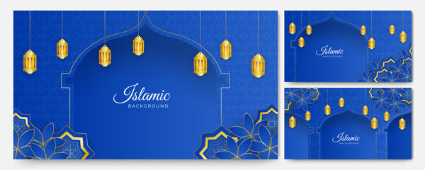Fototapeta na wymiar Beautiful golden blue Islamic design background