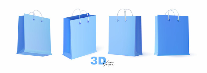 Blue paper gift bag with handle set isolated on white. Packaging mock up.