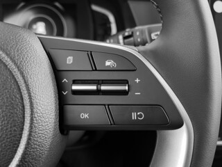 Interior of the car with cruise control buttons, voice communication on the steering wheel. Black...