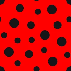 Behang Rood Lieveheersbeestje naadloze vector patroon. Naadloos patroon met rode achtergrond en zwarte vlekken.