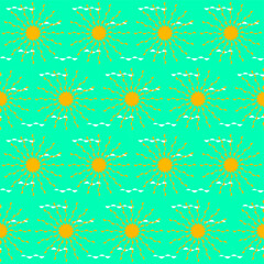 Vector graphics - seamless pattern - bright yellow sun with rays on a blue sky with clouds. Concept - sunny weather in summer.