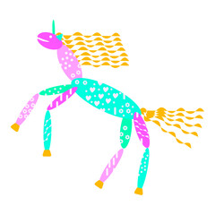 Vector graphics - naive children's drawing - a multicolored unicorn with an abstract pattern isolated. Concept - a fairy -tale character