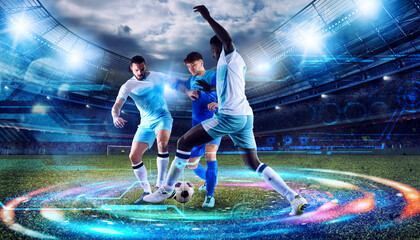 Football scene with soccer players at the stadium with technology analysis