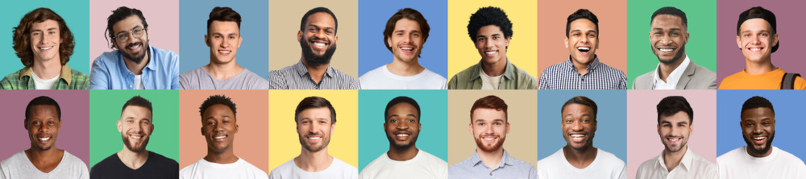 Set of men portraits of different nationalities smiling to camera over colorful backgrounds