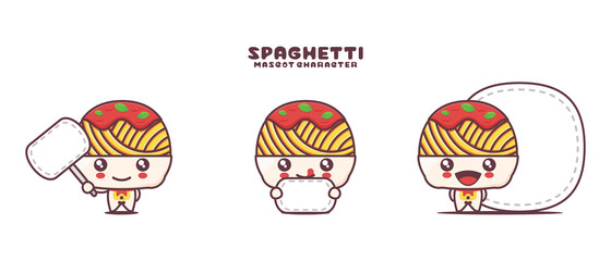 vector Spaghetti mascot cartoon, italian pasta food illustration, with blank board banner